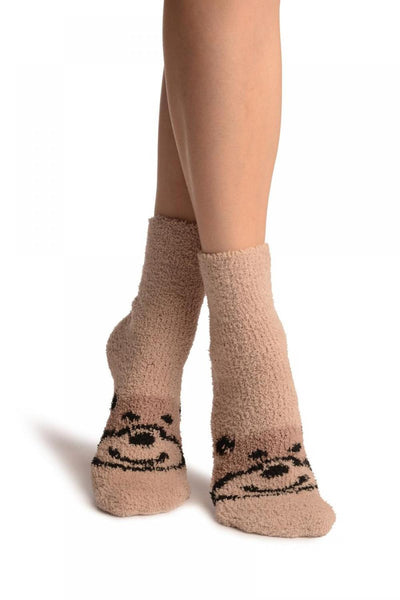 Beige With Cute Bear Terry Ankle High Socks