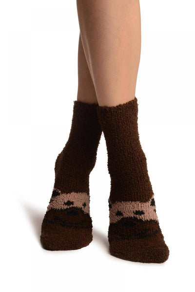 Brown With Cute Bear Terry Ankle High Socks