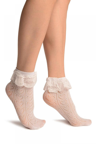 White Crochet Lace With Ruffled Lace Top Ankle High Socks