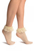 Cream Crochet Lace With Ruffled Lace Top Ankle High Socks