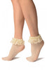 Cream Crochet Lace With Ruffled Lace Top Ankle High Socks