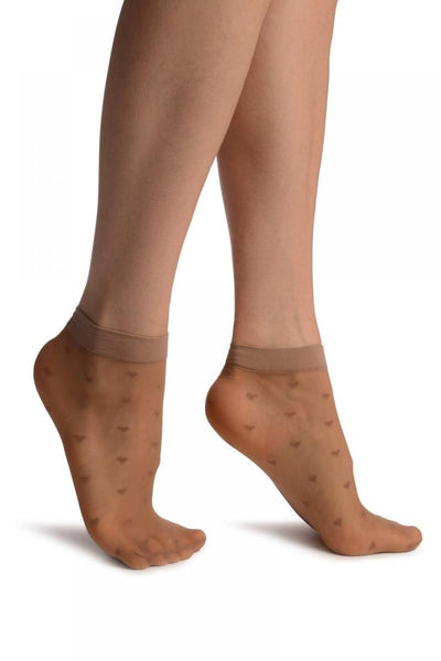 Beige With Little Hearts Ankle High Socks