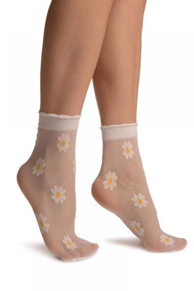 White With Woven Daisy Fowers Socks Ankle High