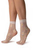 White With Woven Daisy Fowers Socks Ankle High
