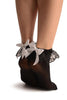 Black Opaque With White Bow & Lace Ankle High Socks