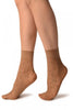 Beige With Violet Flowers On Mesh Ankle High Socks