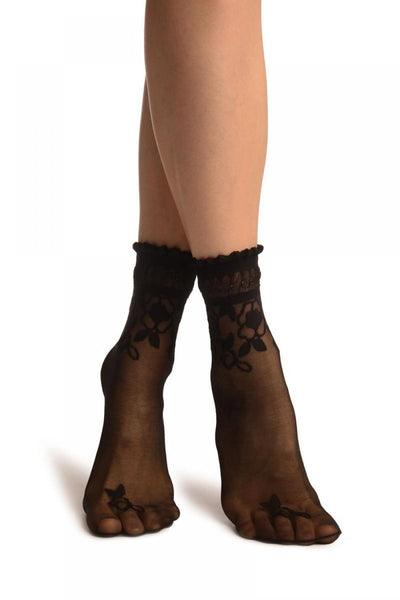 Black With Roses Comfort Top Ankle High Socks