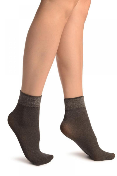 Dark Grey With Silver Lurex Elasticated Top Ankle High Socks