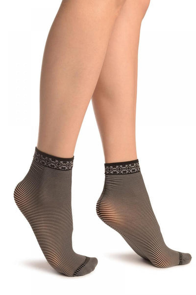 Black & White Stripes With Geometrical Top Ankle High Socks