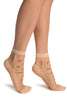 Beige With Little Woven Flowers On Invisible Mesh Ankle High Socks