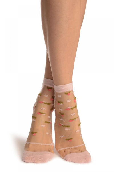 Pink With Little Woven Flowers On Invisible Mesh Ankle High Socks