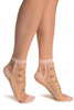 Pink With Little Woven Flowers On Invisible Mesh Ankle High Socks