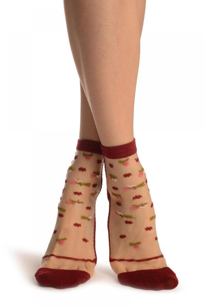 Burgundy With Little Woven Flowers On Invisible Mesh Ankle High Socks