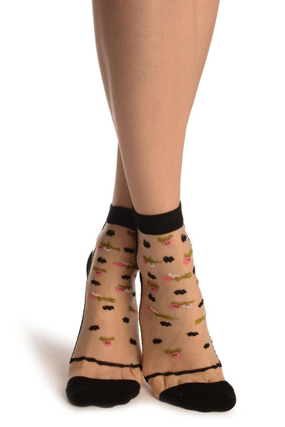 Black With Little Woven Flowers On Invisible Mesh Ankle High Socks