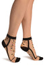 Black With Little Woven Flowers On Invisible Mesh Ankle High Socks