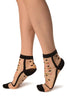 Black With Little Woven Flowers On Invisible Mesh Ankle High Socks