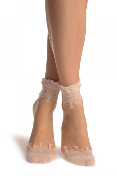 Pink Versalles Lace On Invisible Mesh Ankle High Socks