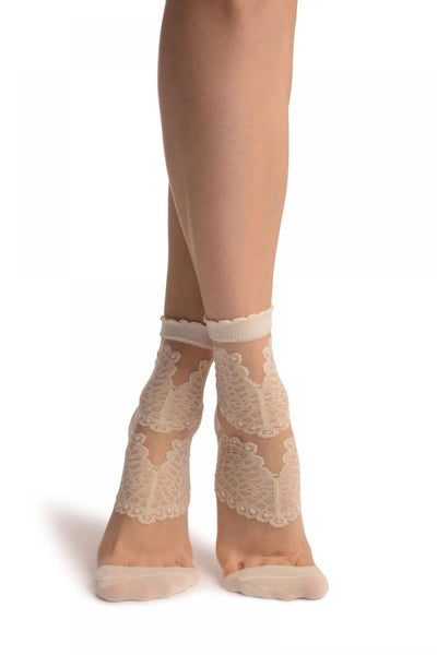 Cream Hearts On Invisible Mesh Ankle High Socks