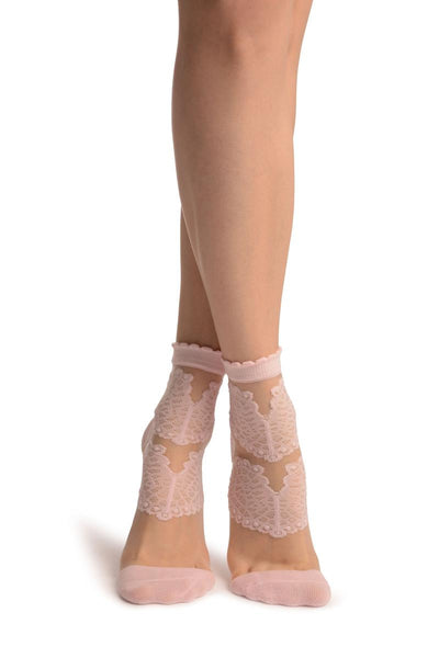 Baby Pink Hearts On Invisible Mesh Ankle High Socks