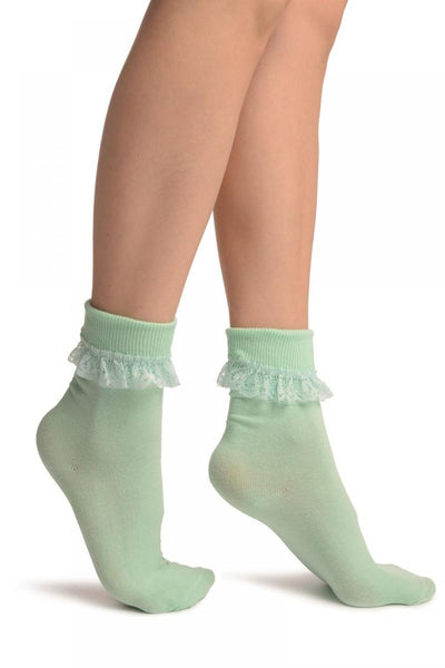 Celadon Green With Pink Lace Trim Ankle High Socks