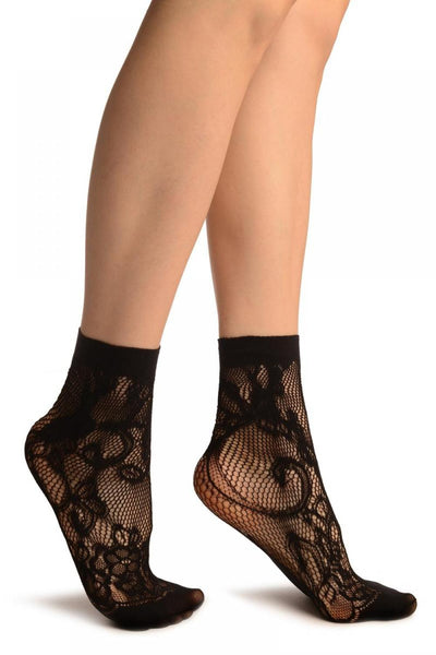 Black Violet Flowers Lace Socks Ankle High