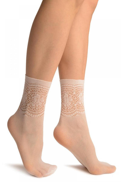 White Fishnet With Crochet Top Socks Ankle High