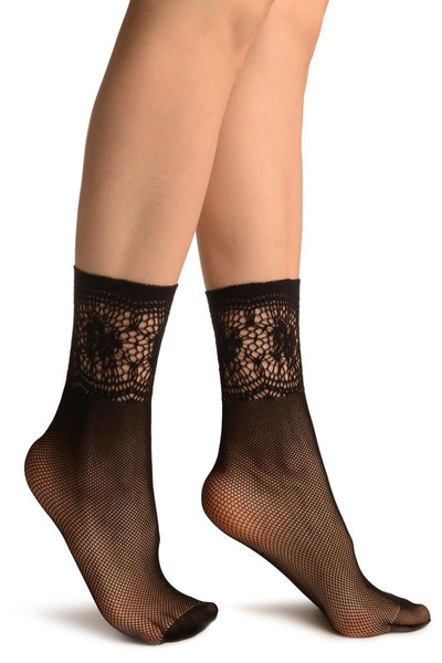 Black Fishnet With Crochet Top Socks Ankle High