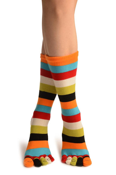 Red, Green & White Stripes & Printed Smiles Ankle High Toe Socks