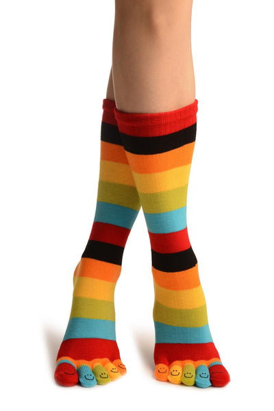 Red, Green & Yellow Stripes & Printed Smiles Ankle High Toe Socks