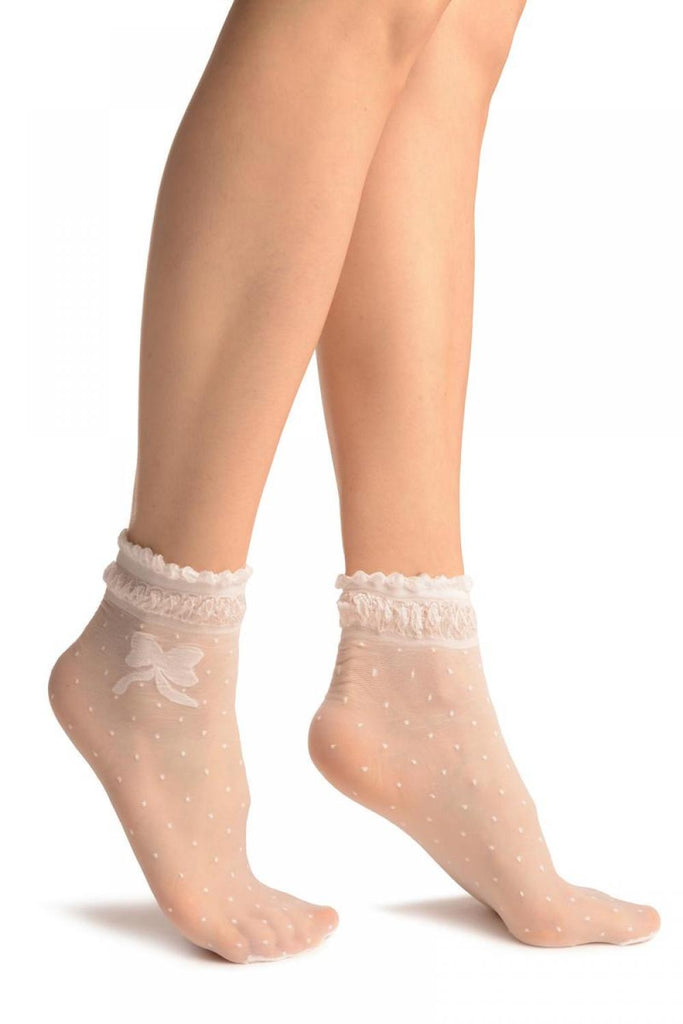 White With Dots & Bow Comfort Top Ankle High Socks