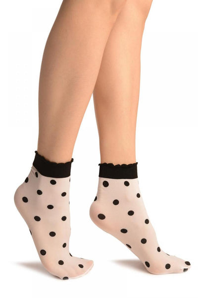 White With Black Woven Polka Dots Ankle High Socks