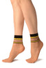 Beige With Yellow Stripes & Black Dots Ankle High Socks