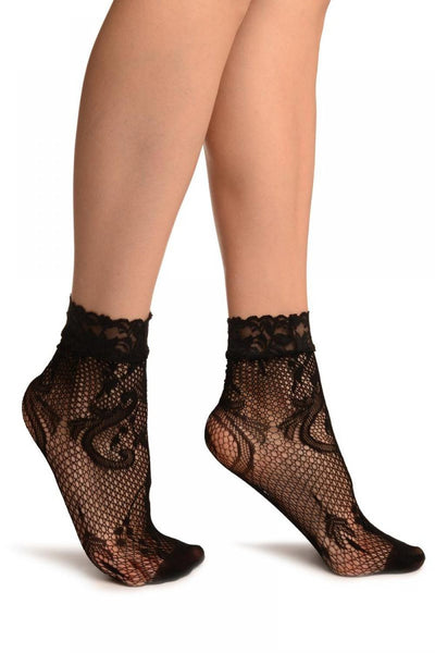 Black Gladiolus Flowers Lace Ankle High Socks