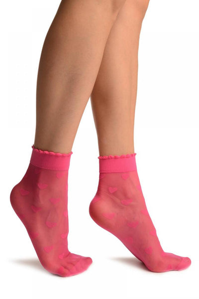 Fuchsia Pink With Hearts Ankle High Socks