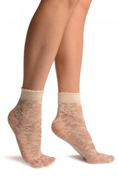 Cream Mesh With Large Roses Ankle High Socks