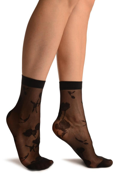 Black With Large Poppy Flowers Ankle High Socks