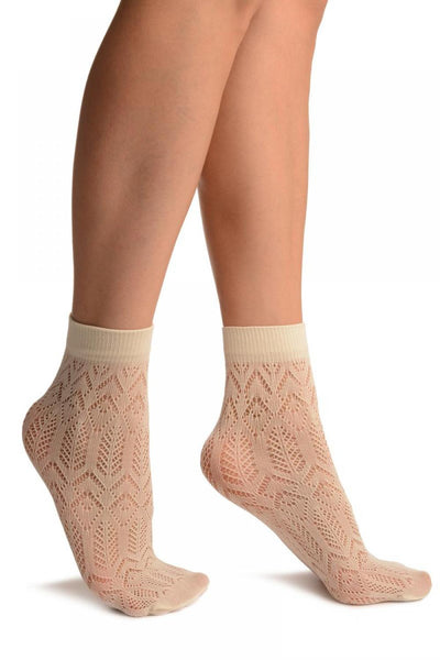 Cream Crochet Rhombs Lace Ankle High Socks