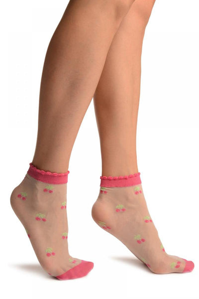 White With Woven Cherries Ankle High Socks