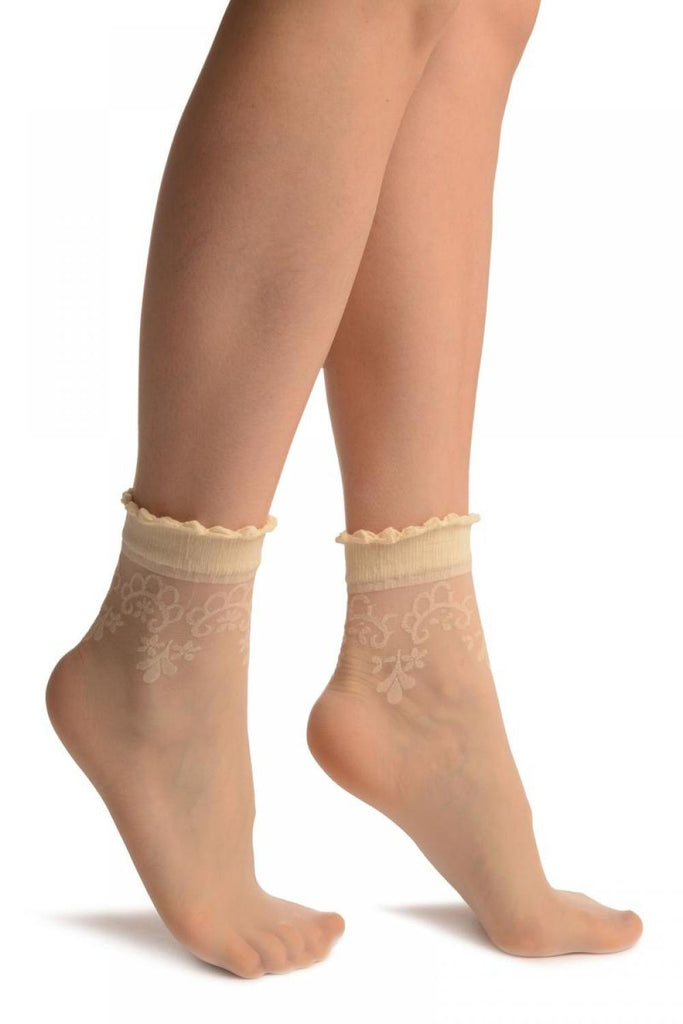 Cream With Large Woven Flowers Top Ankle High Socks