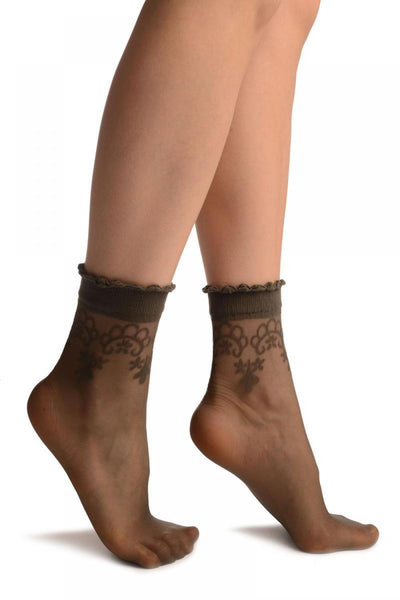 Grey With Large Woven Flowers Top Ankle High Socks