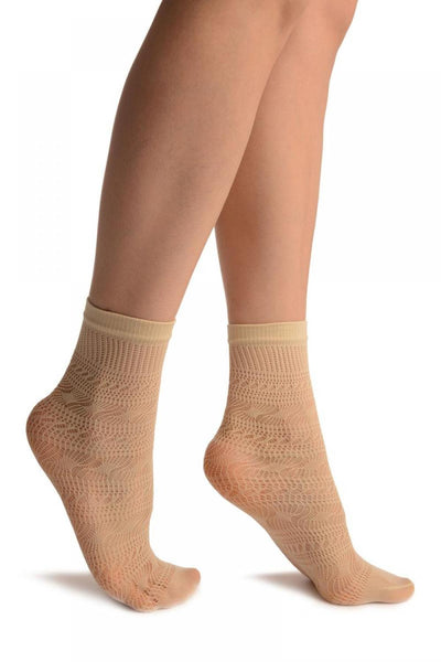 Cream Crochet Layered Lace Top Ankle High Socks