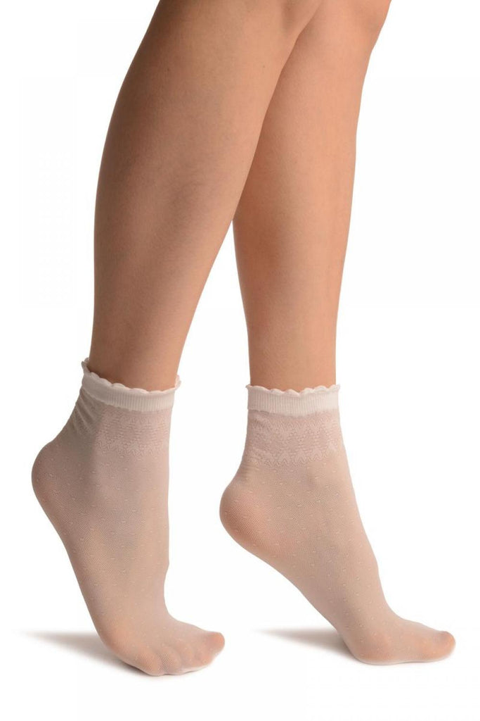 White Small Polka Dots And Rhombus Tops Ankle High Socks