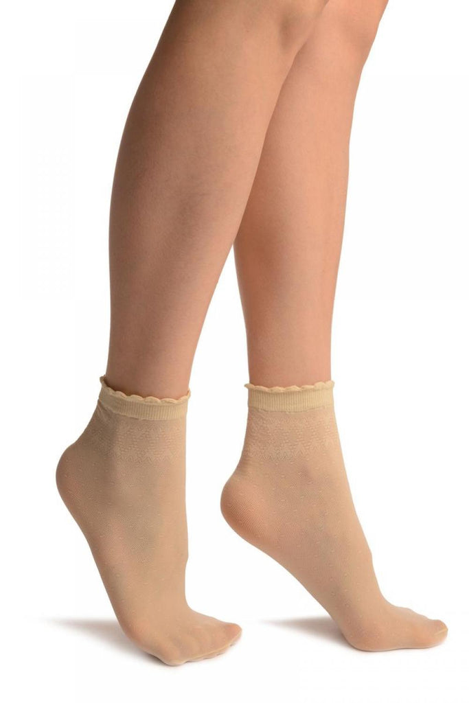 Cream Small Polka Dots And Rhombus Tops Ankle High Socks