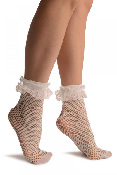 White Large Fishnet With Keyholes Socks Ankle High