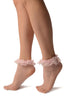 Pink Fishnet With Lace Trim Socks Ankle High