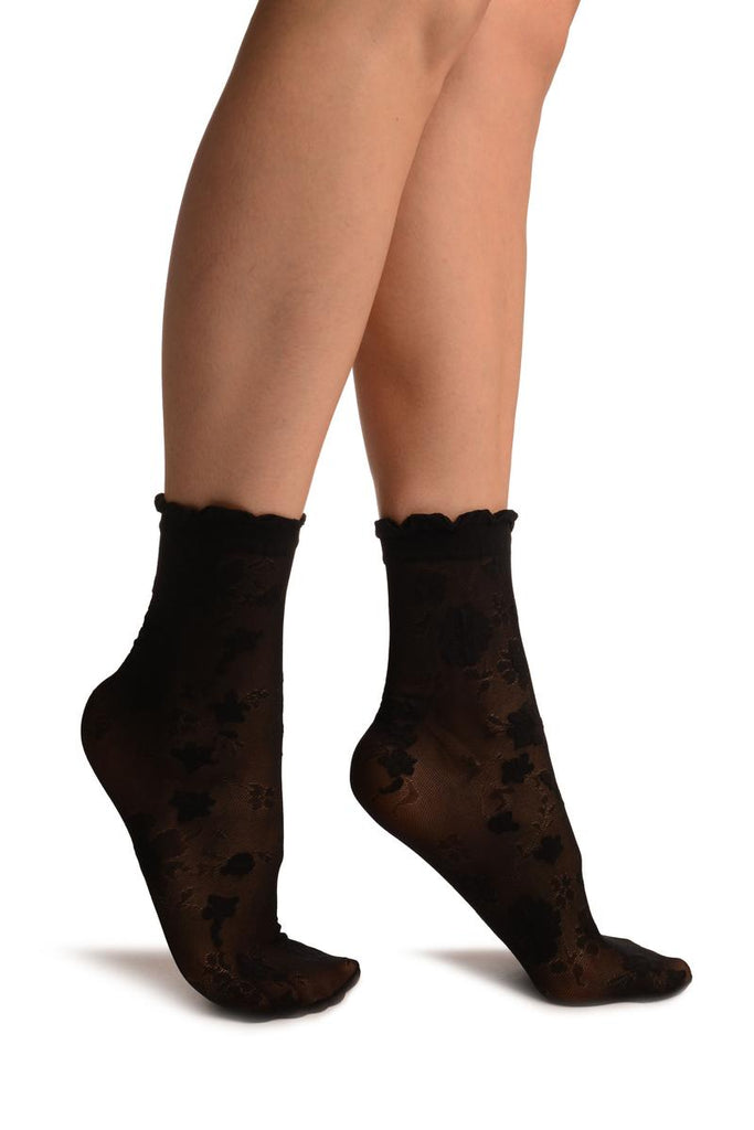 Black Micro Mesh With Flowers Ankle High Socks With Comfort Top