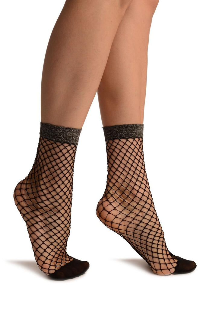 Black Fishnet With Silver Lurex Ankle High Socks