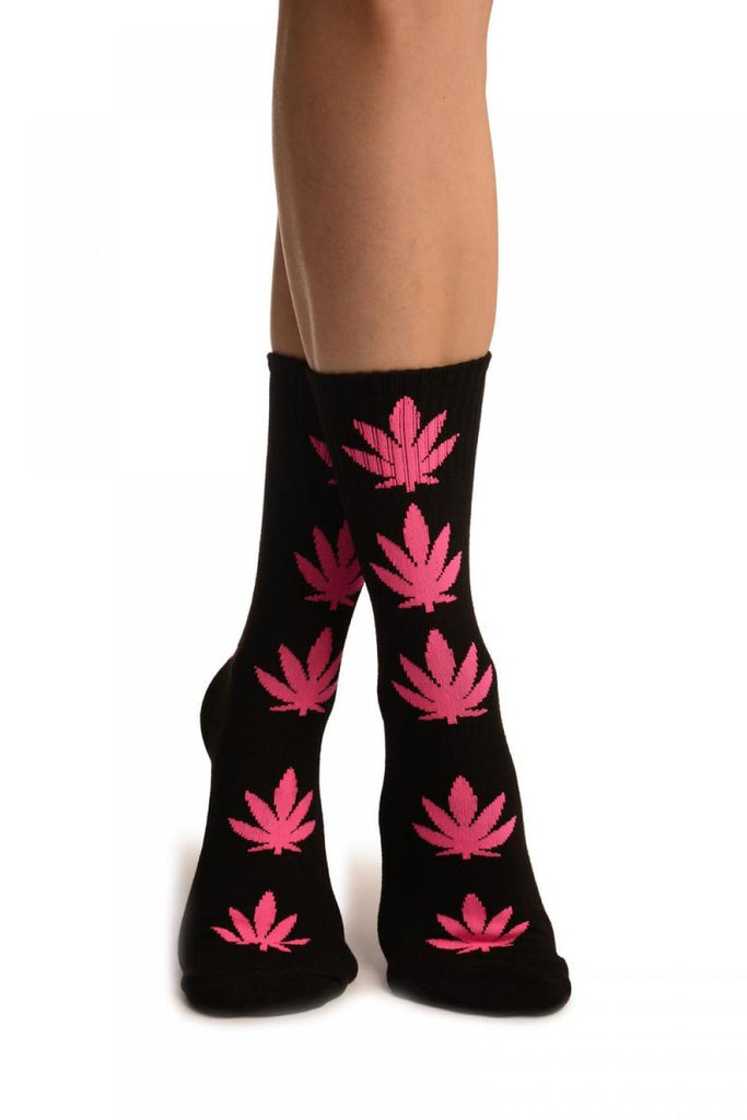 Black With Pink  Leaves Ankle High Socks