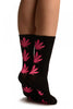 Black With Pink  Leaves Ankle High Socks