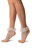 White Floral Lace With Ruffle & Back Seam Ankle High Socks